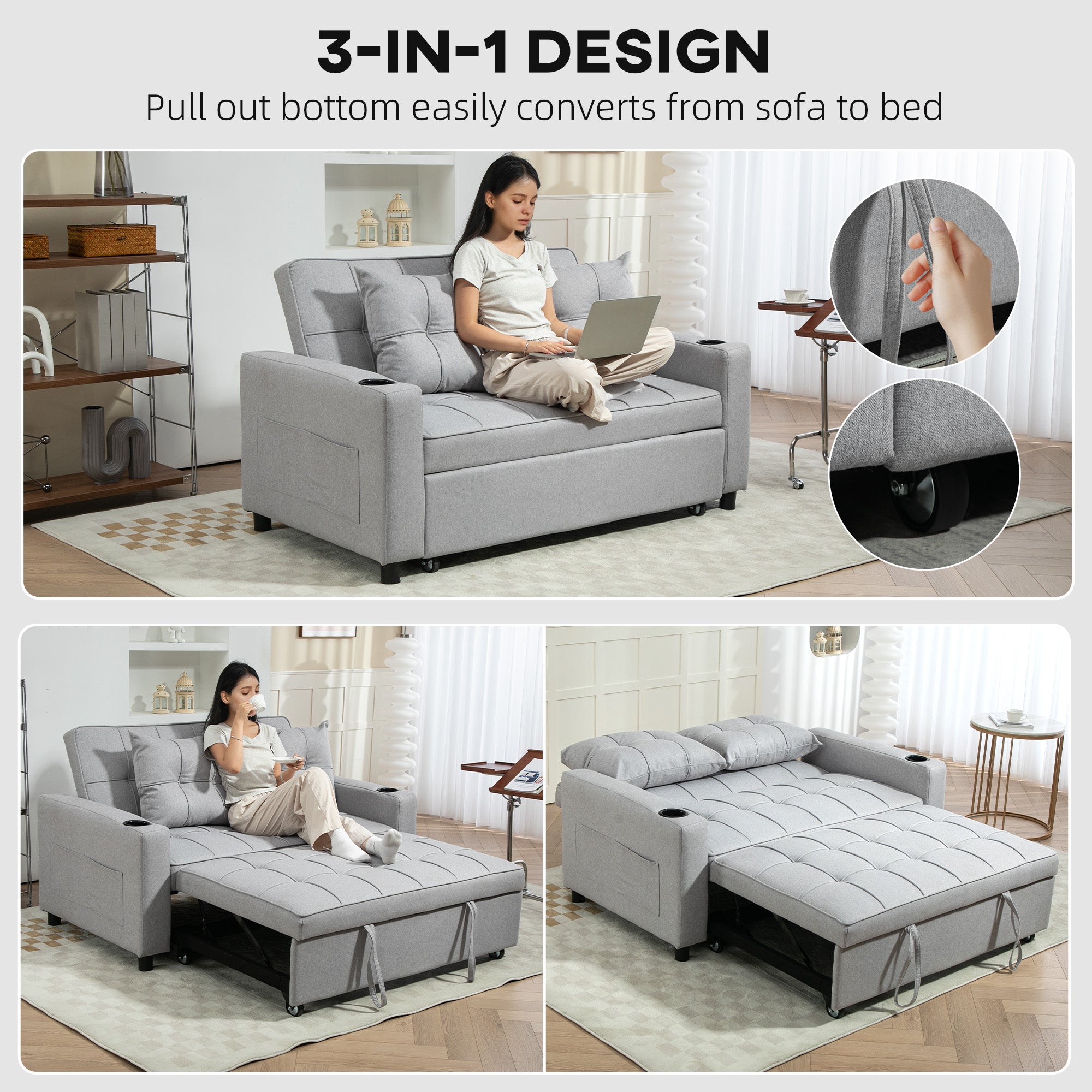 HOMCOM Two-Seater Pull-Out Sofa Bed - Light Grey 