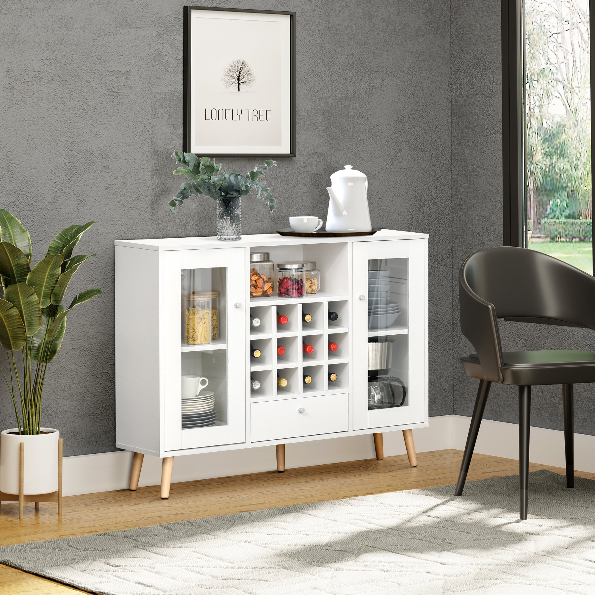 HOMCOM Modern Sideboard Storage Cabinet Kitchen Cupboard Dining Bar Server with Glass Doors, Drawer & 12-Bottle Wine Rack for Living Room, White 