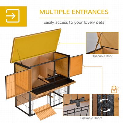 PawHut Guinea Pig Hutch Rabbit Hutch Wood-metal Elevated Pet House Bunny Cage with No-Leak Tray Ramp Openable Roof Outdoor 89.5 x 45 x 81cm Light Yellow 