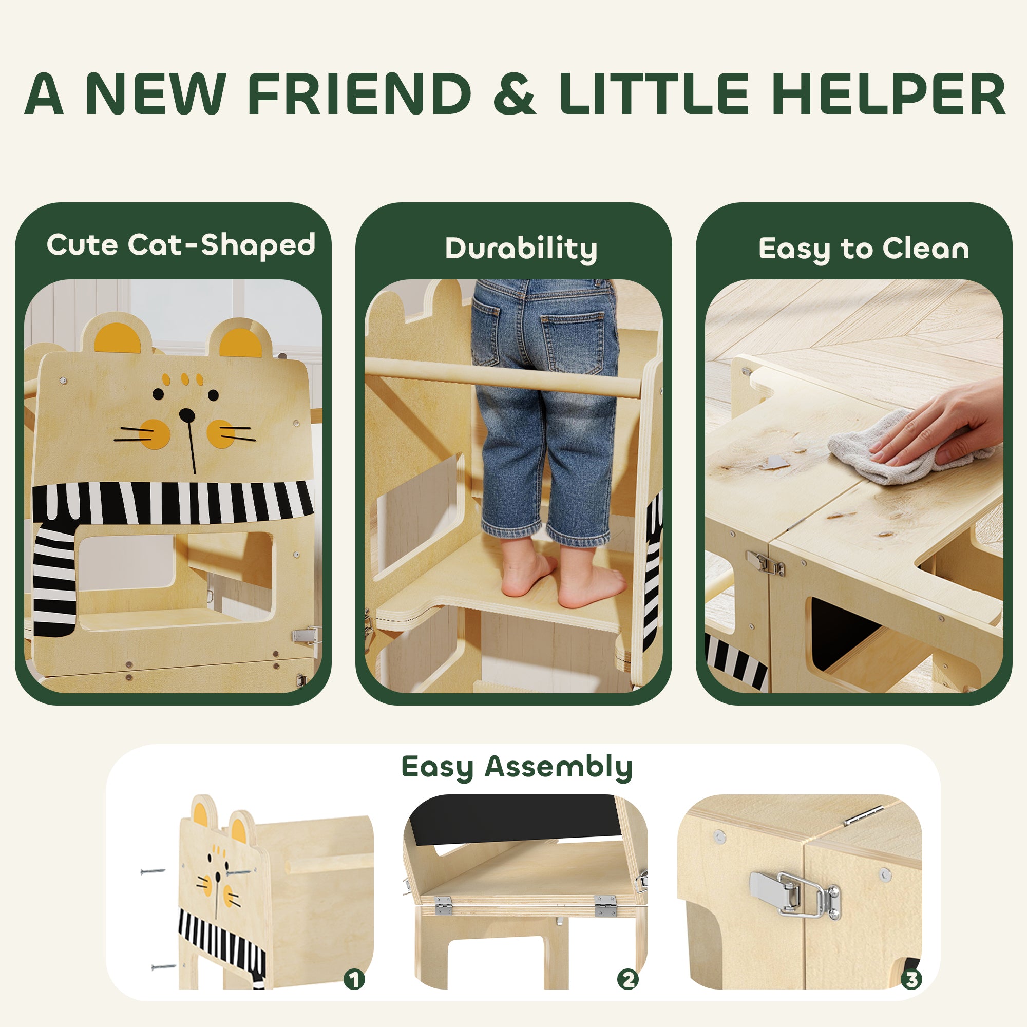 AIYAPLAY Toddler Step Stool, Standing Tower with Chalkboard, 3-in-1 Cat-Shaped Step Stool for Kitchen Counter, Natural 