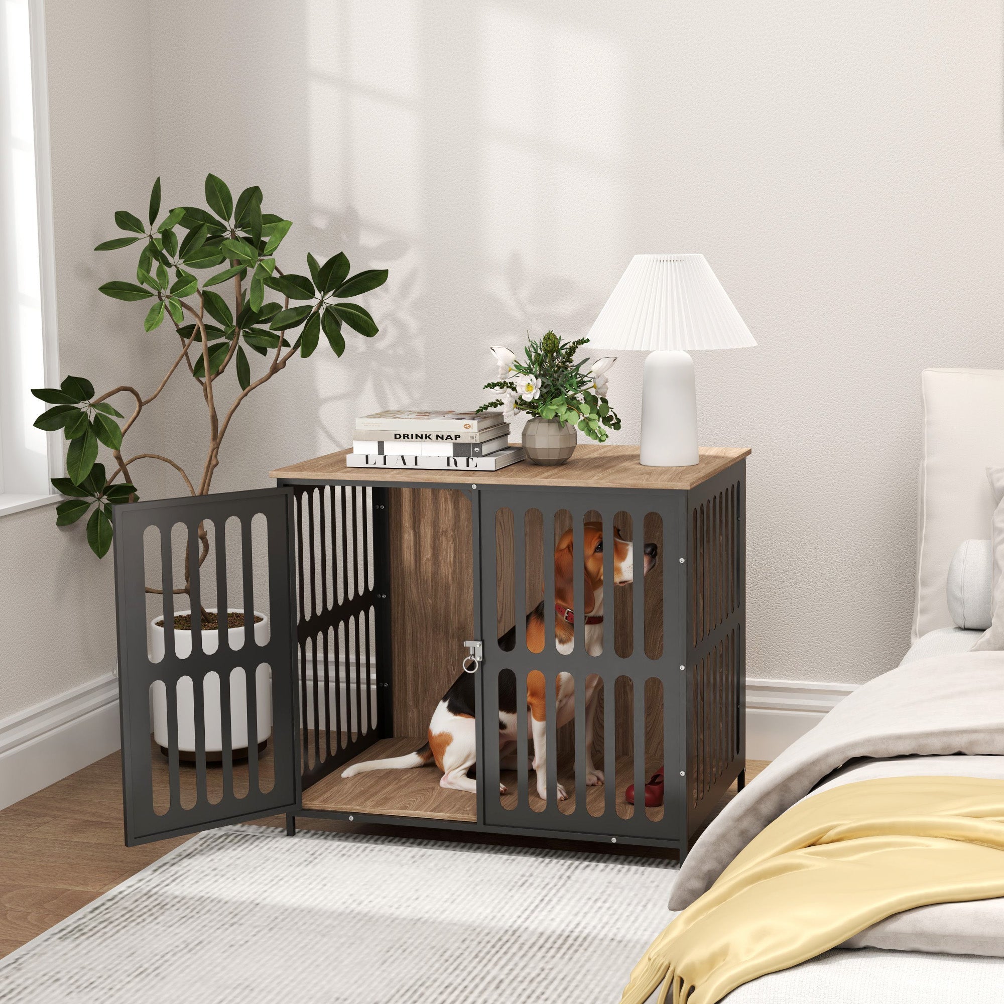 PawHut Dog Crate Furniture with Anti-Chew Resistant Mesh, Anti-Escape Single Door, for Medium Dogs, 80 x 55 x 72 cm 