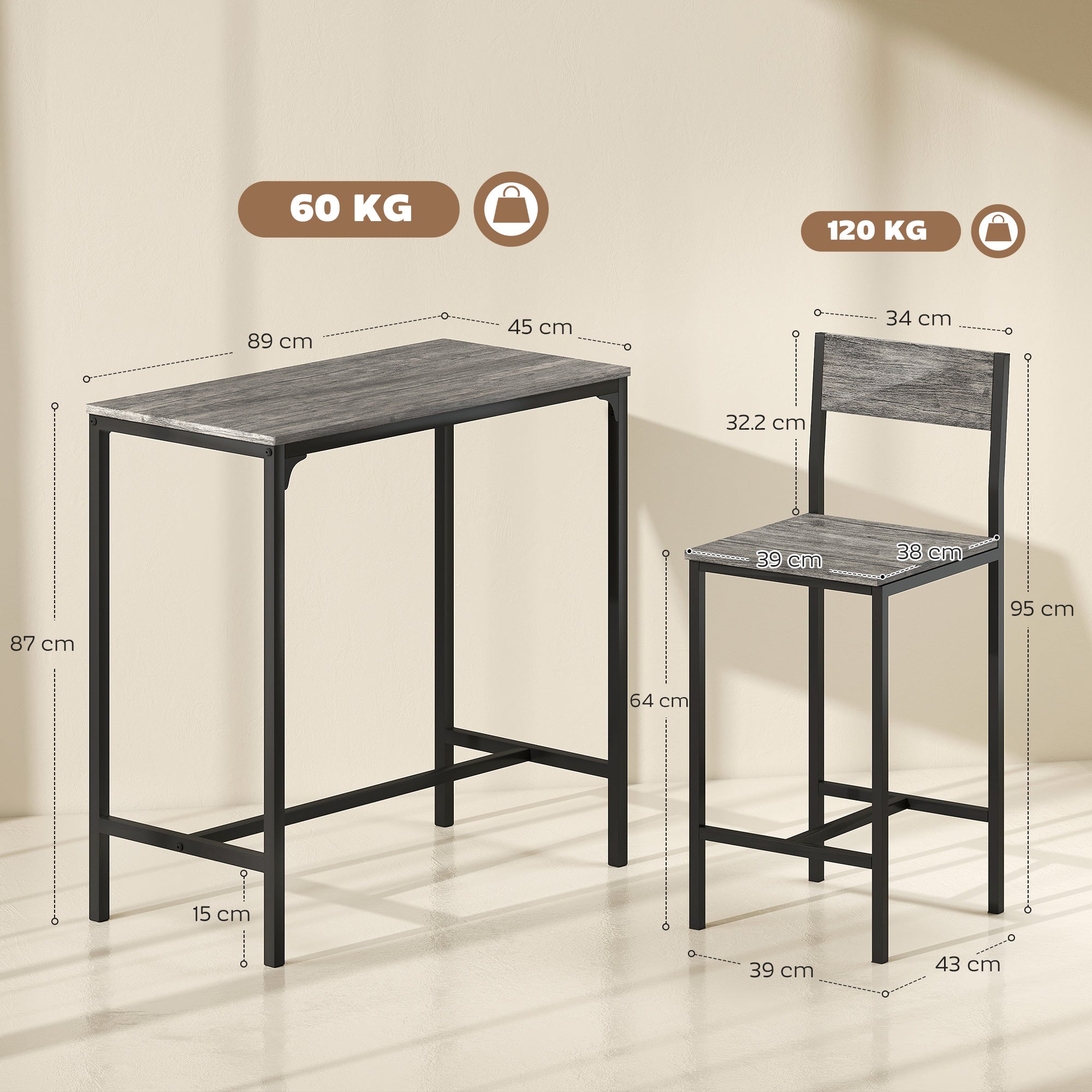 HOMCOM 3-Piece Bar Table Set with 2 Stools, Industrial Breakfast Bar Set with Footrest, Backrest for Dining Room, Small Space 