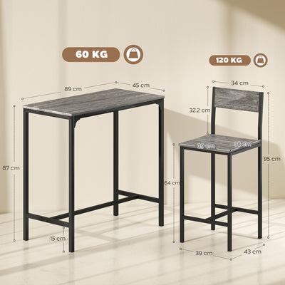 HOMCOM 3-Piece Bar Table Set with 2 Stools, Industrial Breakfast Bar Set with Footrest, Backrest for Dining Room, Small Space 