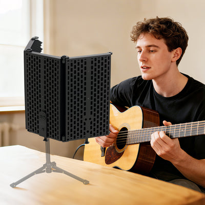 HOMCOM Studio Microphone Isolation Shield, Foldable Adjustable Recording Studio Equipment, 3-Panel High Density Absorbent Foam Shield with 3/8" Threaded Mount, Black 