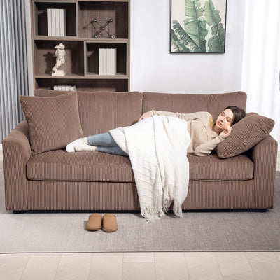 HOMCOM Modern 3 Seater Sofa with Spring Cushion, 212 cm Fabric Jumbo Cord Sofa Couch with 2 Scatter Cushions, Upholstered Corduroy Settee for Living Room, Bedroom, Home Office, Coffee 