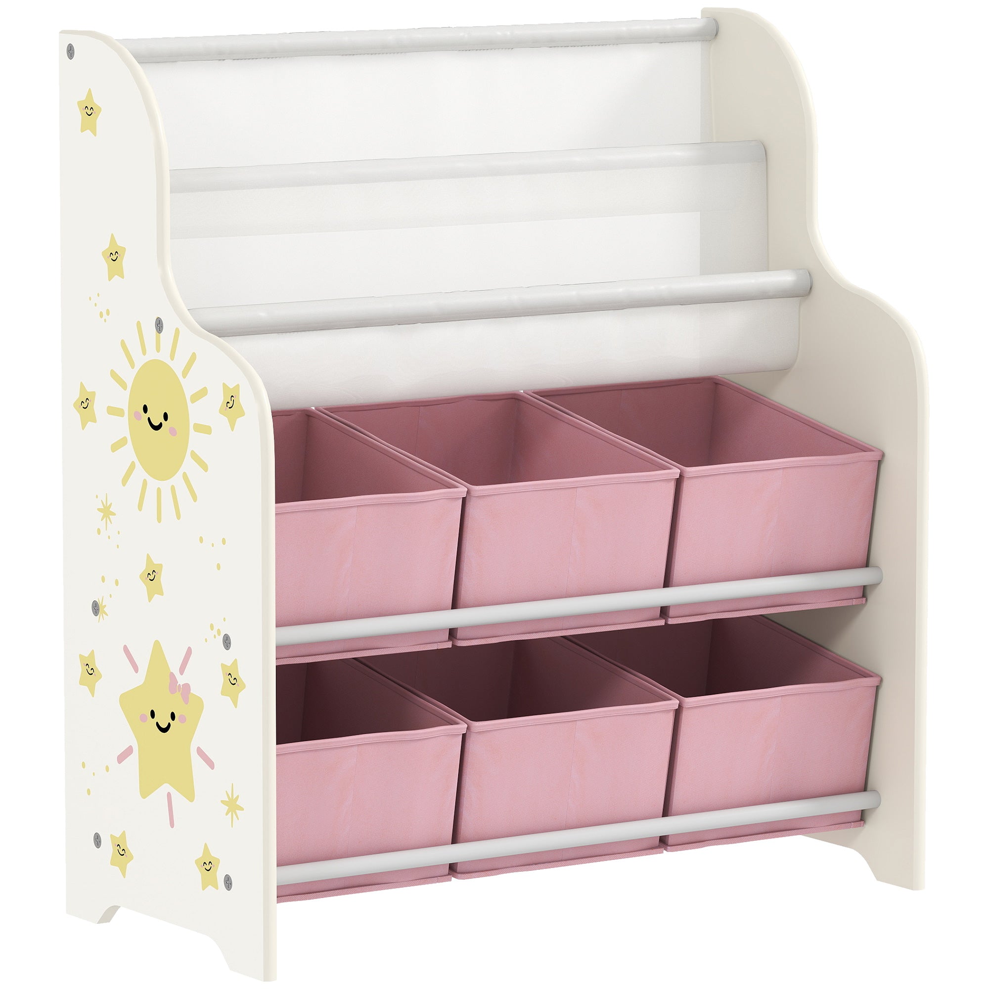 AIYAPLAY Kids Storage Unit, Toy Organiser with 6 Fabric Drawers and 2-Tier Sling Book Rack for Bedroom, Playroom, Nursery, Pink 