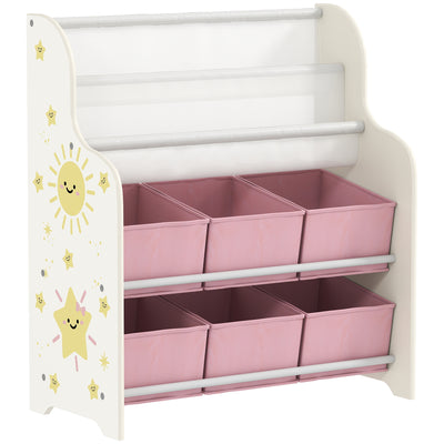 AIYAPLAY Kids Storage Unit, Toy Organiser with 6 Fabric Drawers and 2-Tier Sling Book Rack for Bedroom, Playroom, Nursery, Pink 