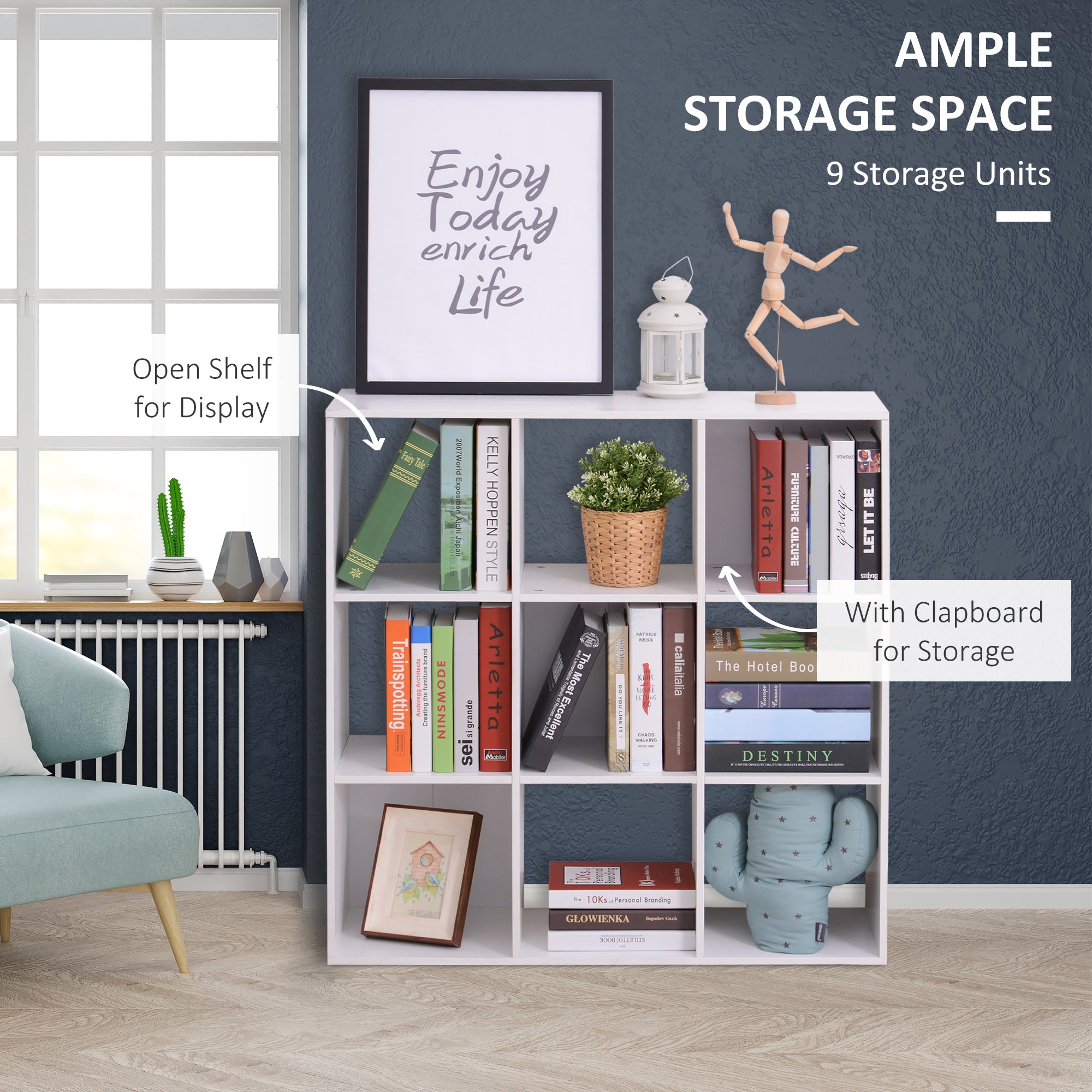 HOMCOM Wooden 9 Cube Storage Cabinet Unit 3 Tier Bookcase Shelves Organiser Rack Display  - White 