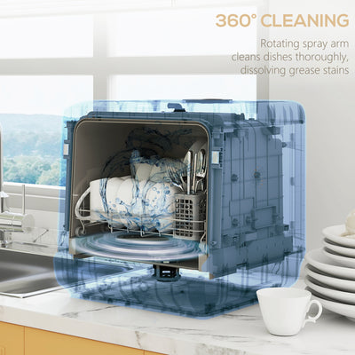 HOMCOM Table Top Dishwasher, Mini Countertop Dishwasher with Built-in 6L Water Tank, 6 Programs, Touch Control, LED Display, 4 Place Settings, Dual Water Supply and Air Drying Function, White 