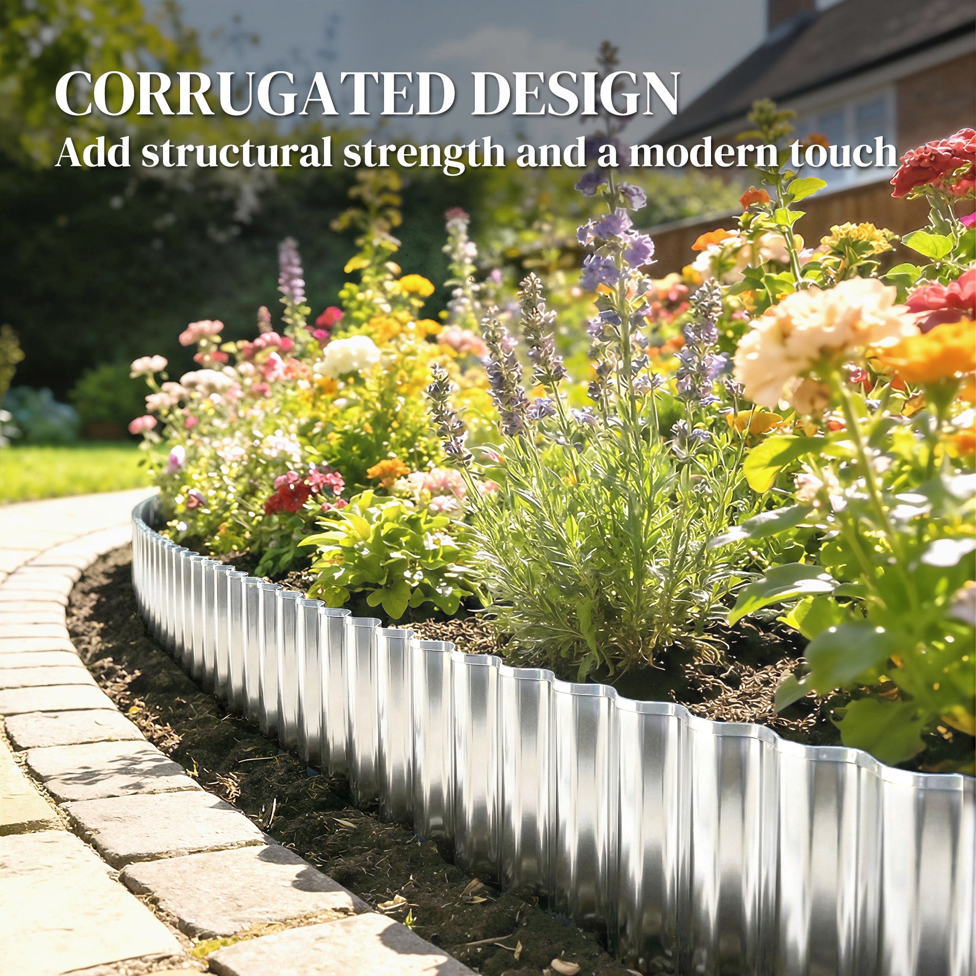 Outsunny Metal Garden Edging Border, 8 in x 21.3 ft Corrugated Heavy Duty Galvanised Steel Lawn Edging, Silver Tone 