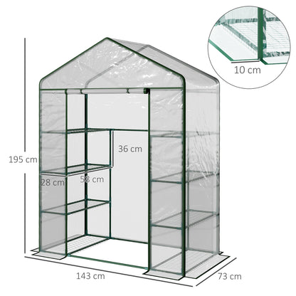 Outsunny Walk in Greenhouse with 4-Tier 8 Shelves, Green House with Hemmed Cover, Roll-up Zipped Door, Steel Frame, 143 x 73 x 195cm 