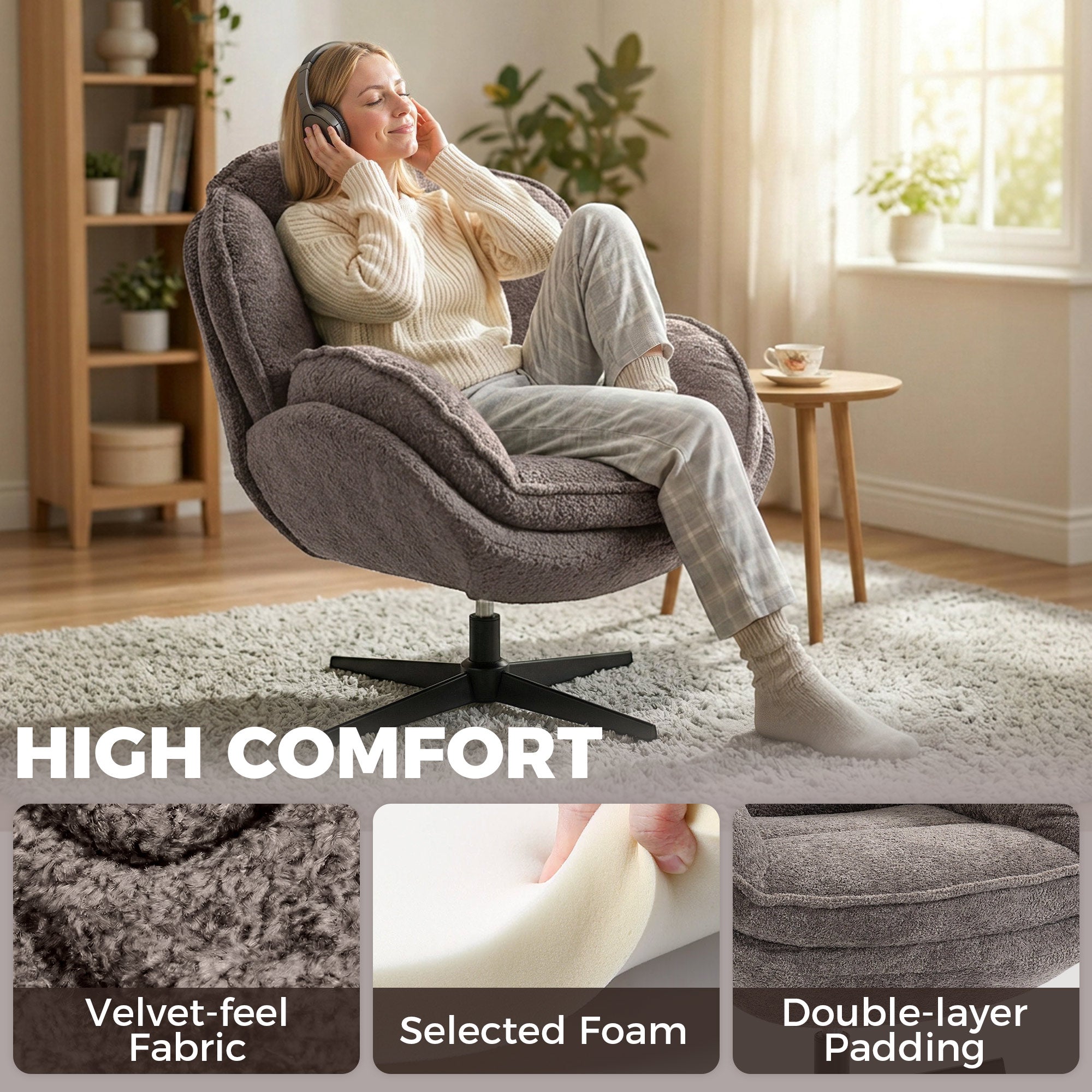 HOMCOM Modern Wingback Accent Chair, Velvet Armchair with Four-Star Base, S-Springs, Swivel, Grey 