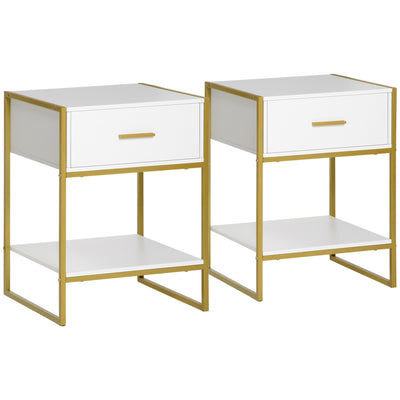 HOMCOM Modern Bedside Table, Nightstand with Drawer Shelf, Side Table for Living room, Bedroom White and Gold, Set of 2 