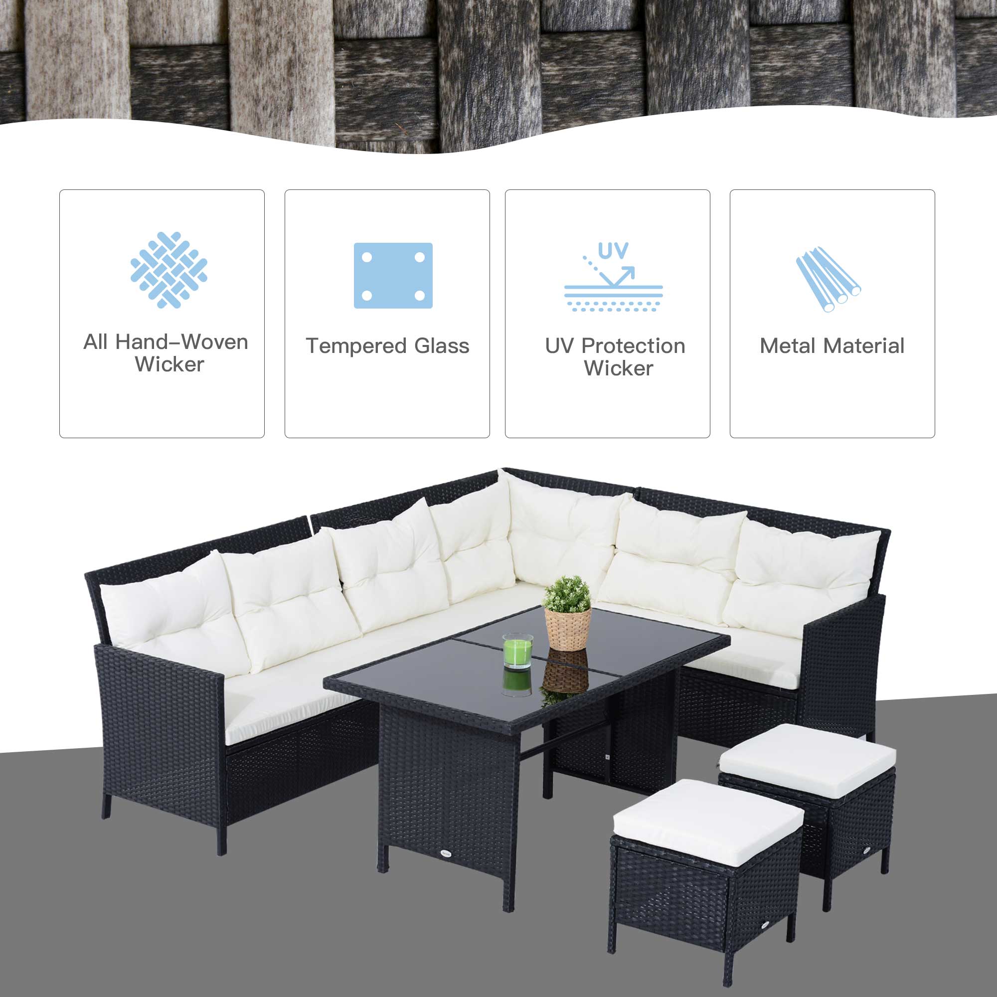 Outsunny 8-Seater Garden Rattan Furniture Rattan Corner Dining Sofa Set Wicker Conservatory Furniture Lawn Patio Coffee Table Foot Stool w/Cushion-Black 