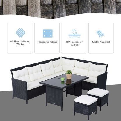 Outsunny 8-Seater Garden Rattan Furniture Rattan Corner Dining Sofa Set Wicker Conservatory Furniture Lawn Patio Coffee Table Foot Stool w/Cushion-Black 