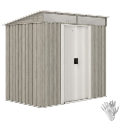 Outsunny 6.5 x 4FT Galvanised Metal Shed with Foundation Kit, Lockable Tool Garden Shed with Double Sliding Doors, Vents, Light Grey Wood Effect 