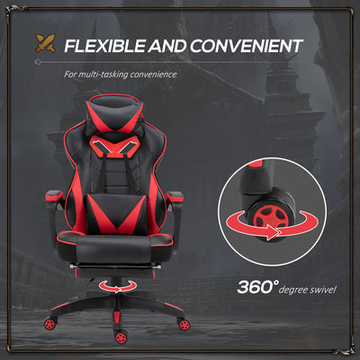 Vinsetto Computer Gaming Chair, Racing Desk Chair with Lumbar Support and Footrest, PU Leather Gamer Chair with Headrest and Swivel Wheels for Home, Red 