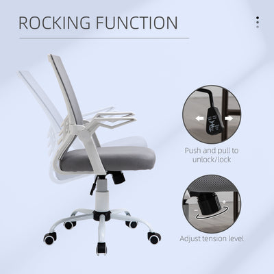 Vinsetto Home Office Chair and Computer Desk Set, Mesh Chair with with 90° Flip-up Armrest, Study Desk with Keyboard Tray and Drawer, White and Grey 