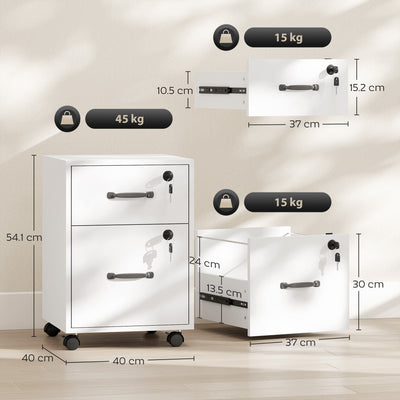 HOMCOM Rolling File Cabinet with 2 Drawers, Mobile Filing Cabinet with Hanging File Folder for Letter Sized Documents, White 