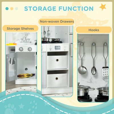 AIYAPLAY Toy Kitchen with Lights, Sounds, Apron and Chef Hat, Ice Maker, Microwave, for Ages 3-6 Years - White 