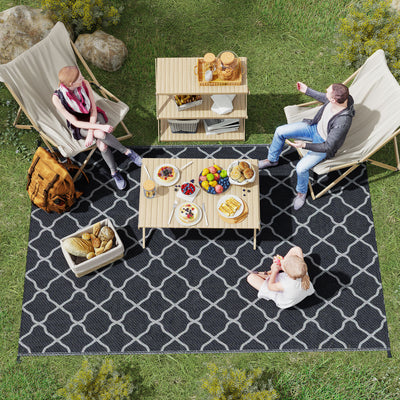 Outsunny Reversible Outdoor Rug, Plastic Straw Mat w/ Carry Bag Ground Stakes for Garden RV Picnic Beach Camping 182x274cm Black 