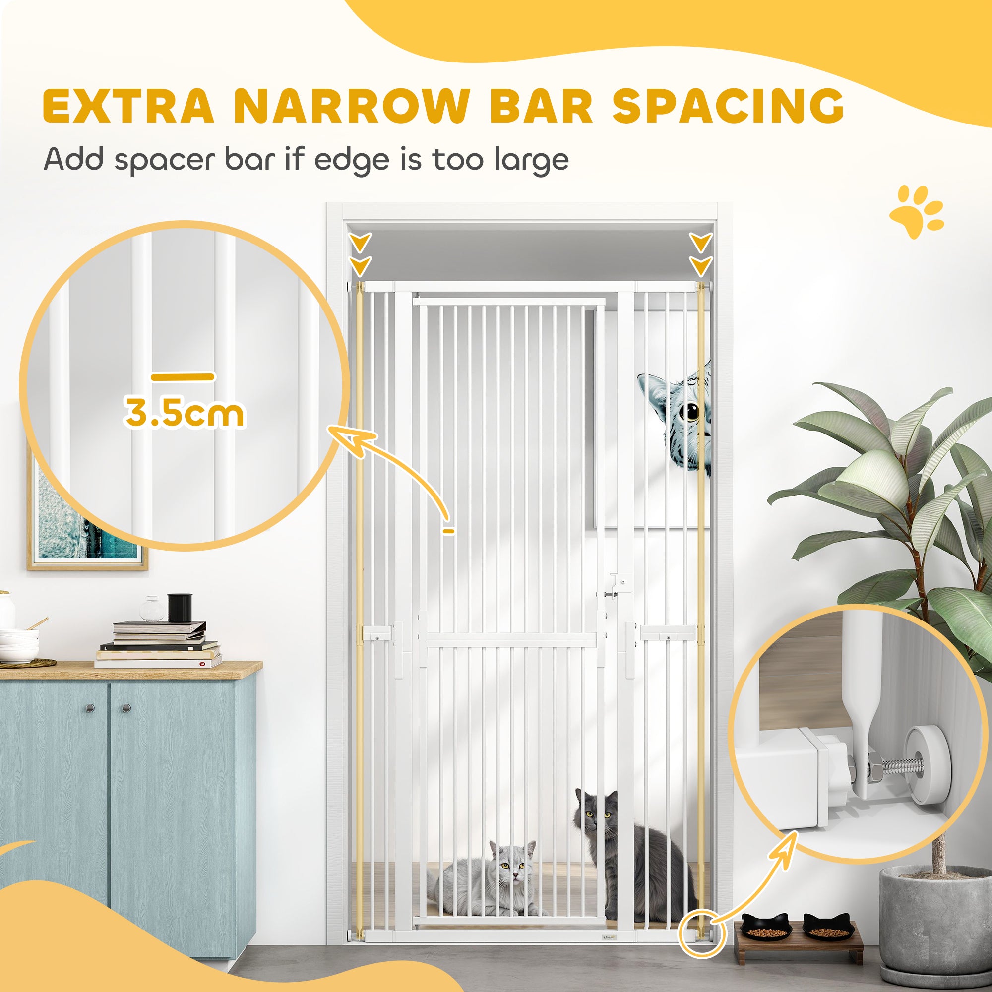PawHut 180cm Extra Tall Pet Gate with 3.5 cm Narrow Gap, Pressure Mounted No Drilling Cat Gate for Doorways, 76-104cm Width 