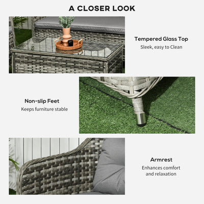 Outsunny Four-Piece Rattan Sofa Set, with Glass-Top Table - Mixed Grey 