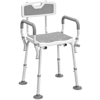 HOMCOM EVA Padded Shower Chair for the Elderly and Disabled, Height Adjustable Shower Stool with Back and Arms, 4 Suction Foot Pads, Light Grey 