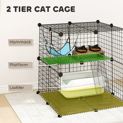 PawHut Indoor Cat Cage DIY Customizable 2-Tier Indoor Cat Enclosure with 2 Doors and Hammock 70 cm Black 