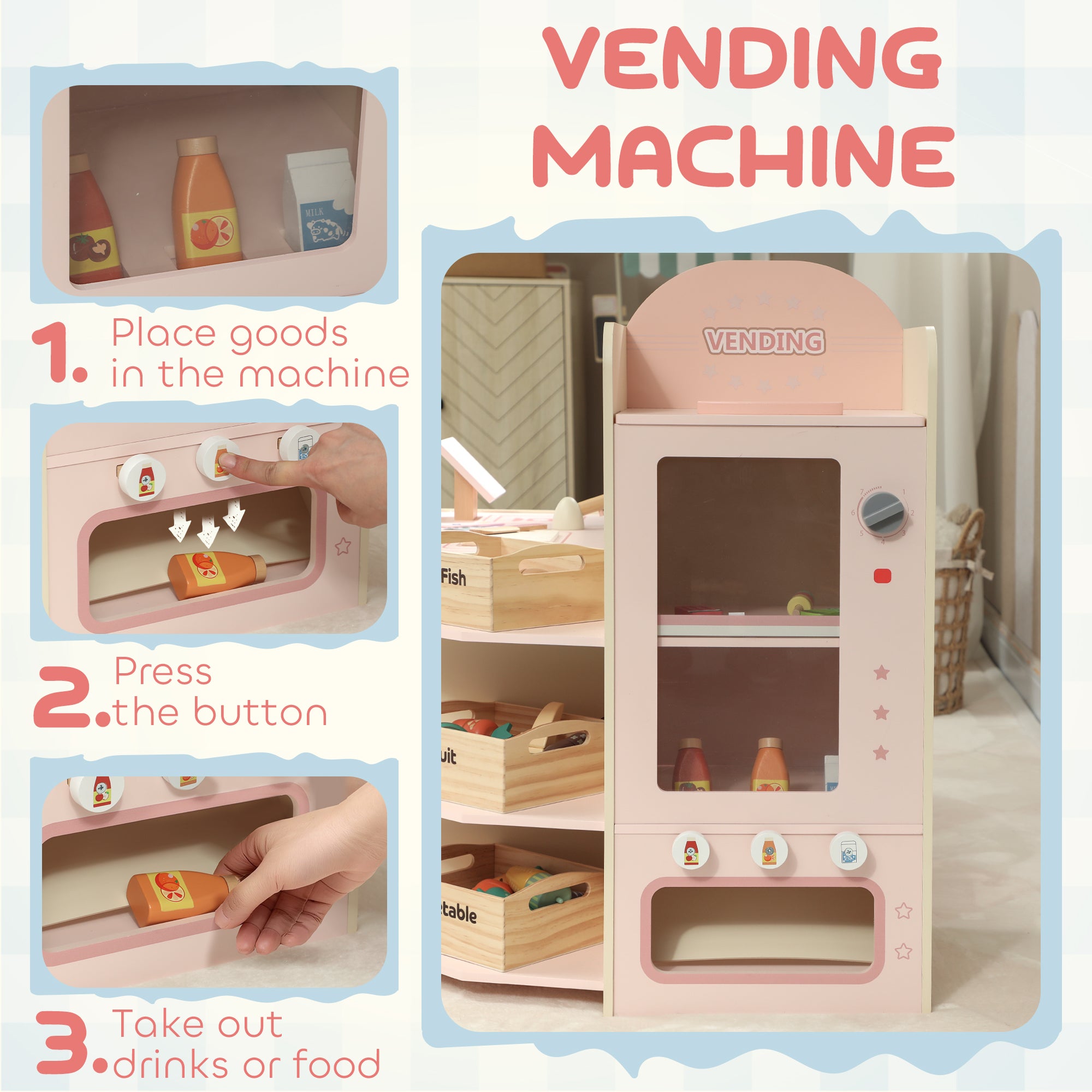 AIYAPLAY Kids Grocery Store, Children Supermarket Playset with Cash Register, Vending Machine, Display Shelves 