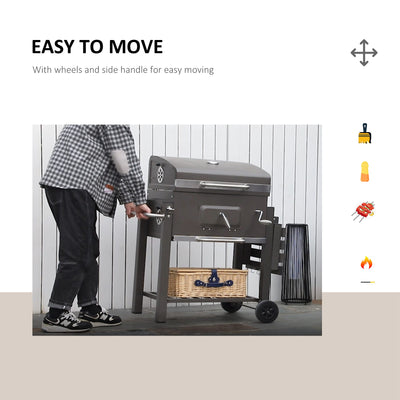 Outsunny Charcoal Grill BBQ Trolley with Adjustable Charcoal Grate, Garden Metal Smoker Barbecue with Shelf, Side Table, Wheels, Built-in Thermometer, Bottle Opener 