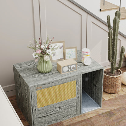 PawHut Boho Style Cat Litter Box Enclosure with Rattan Door, Scratching Mat, Toy Ball, Non-slip Foot Pads, 80 x 50 x 50cm, Grey