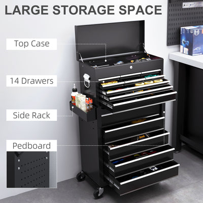 HOMCOM 19 Drawer, Two-Part Tool Storage Chest on Wheels - Black 
