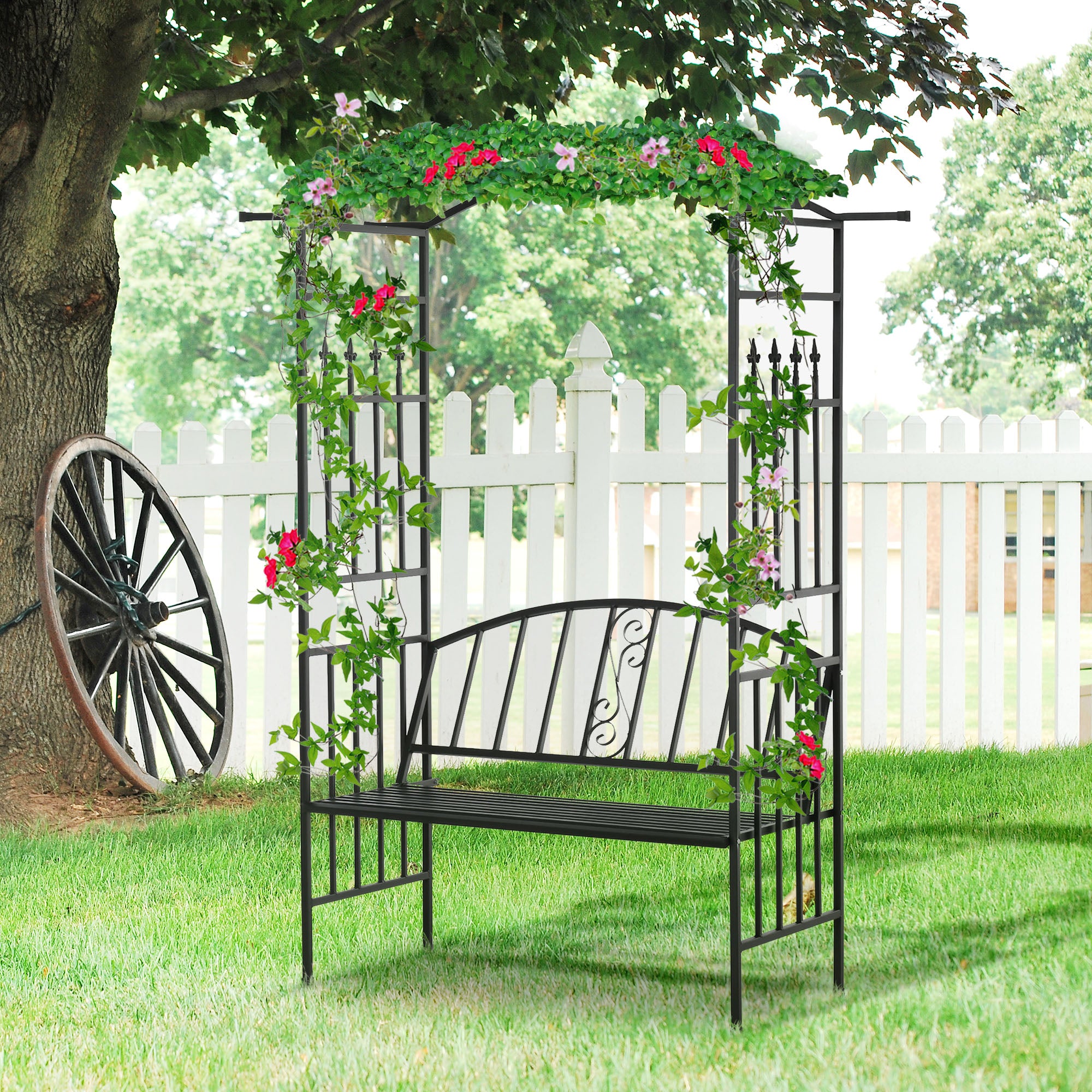Outsunny Steel Frame Outdoor Garden Arch w/ 2-Seater Bench Black 