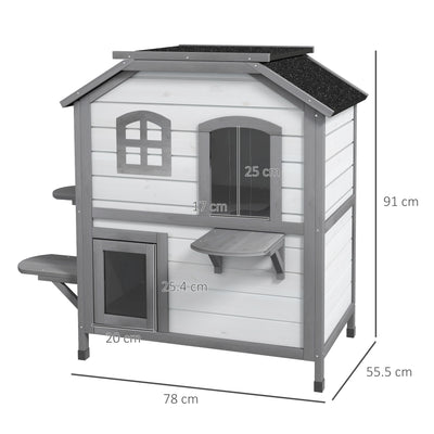 PawHut 2-Story Indoor or Outdoor Cat House W/ Escape Door, Cat Shelter, White 