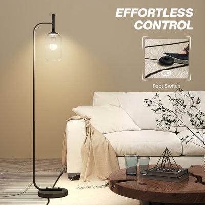 HOMCOM Floor Lamp for Living Room with Glass Lampshade, Modern Standing Lamp with Foot Switch for Bedroom, Bulb not Included, Black 