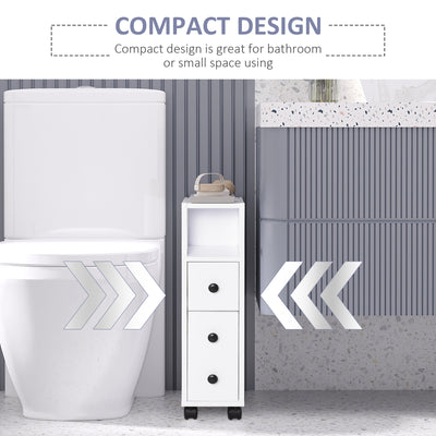 kleankin Slimline Bathroom Storage Unit w/ 2 Drawers 2 Open Compartments Wheels Handles Freestanding Compact Home Office Furniture White 