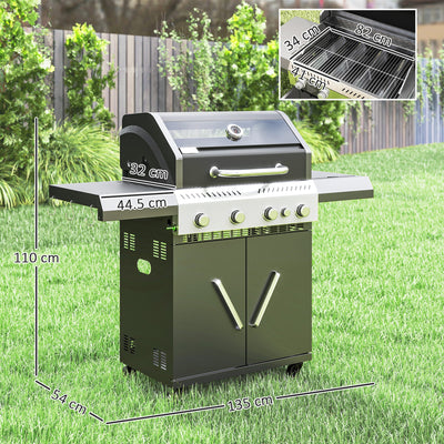 Outsunny 4+1 Burner Gas BBQ Grill with Clear View Lid, Portable Gas Barbecue Grill with Built-in Thermometer, Side Table, Cabinet, Wheels, Grease Tray for Garden Party Outdoor Cooking, Black 