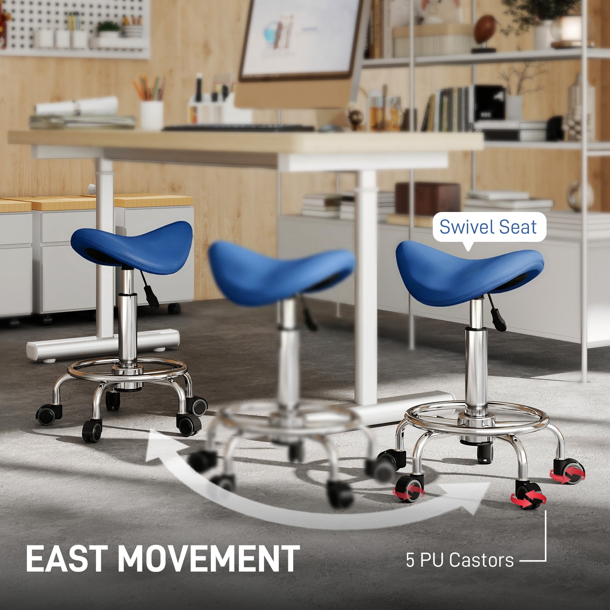 HOMCOM Salon Saddle Stool, Rolling Saddle Chair for Massage, Spa, Clinic, Beauty, Hairdressing and Tattoo, Blue 