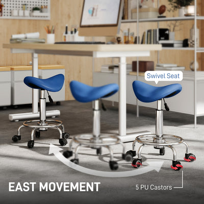 HOMCOM Salon Saddle Stool, Rolling Saddle Chair for Massage, Spa, Clinic, Beauty, Hairdressing and Tattoo, Blue 
