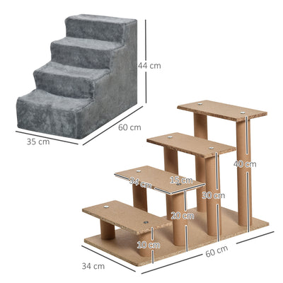 PawHut Four-Step Dog Stairs, with Washable Plush Cover, for High Bed Sofa, Dog Stairs for Small Dog and Cat - Light Grey 