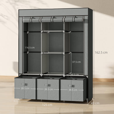 HOMCOM Fabric Wardrobe for Bedroom, Portable Wardrobe with 5 Shelves, 2 Hanging Rails and 3 Fabric Drawers, Foldable Closet, 125 x 43 x 162.5cm, Light Grey 