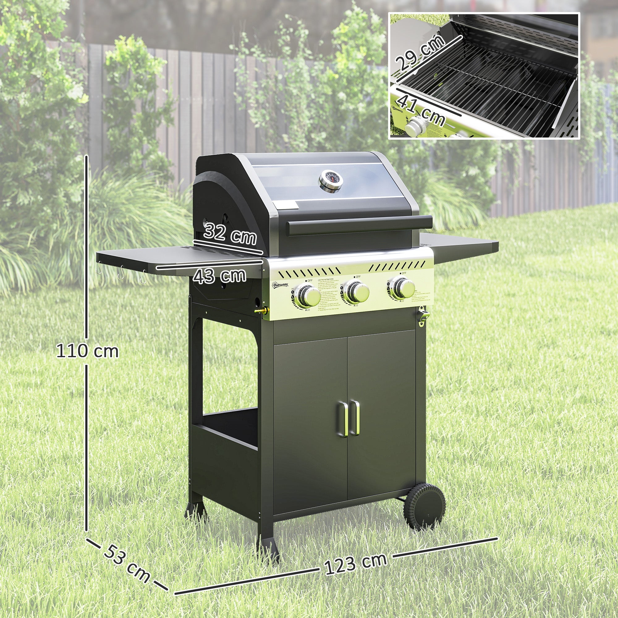 Outsunny 7.5kW Three-Burner Gas BBQ Grill, with See-Through Lid - Black 