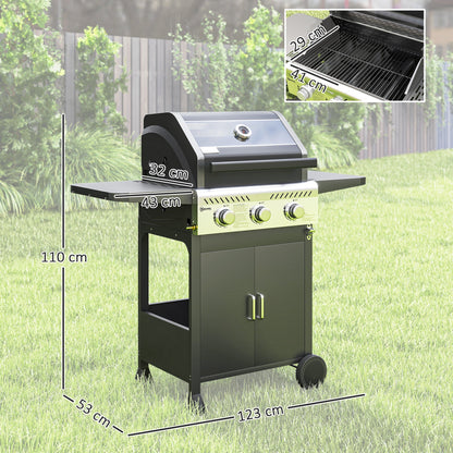 Outsunny 7.5kW Three-Burner Gas BBQ Grill, with See-Through Lid - Black 