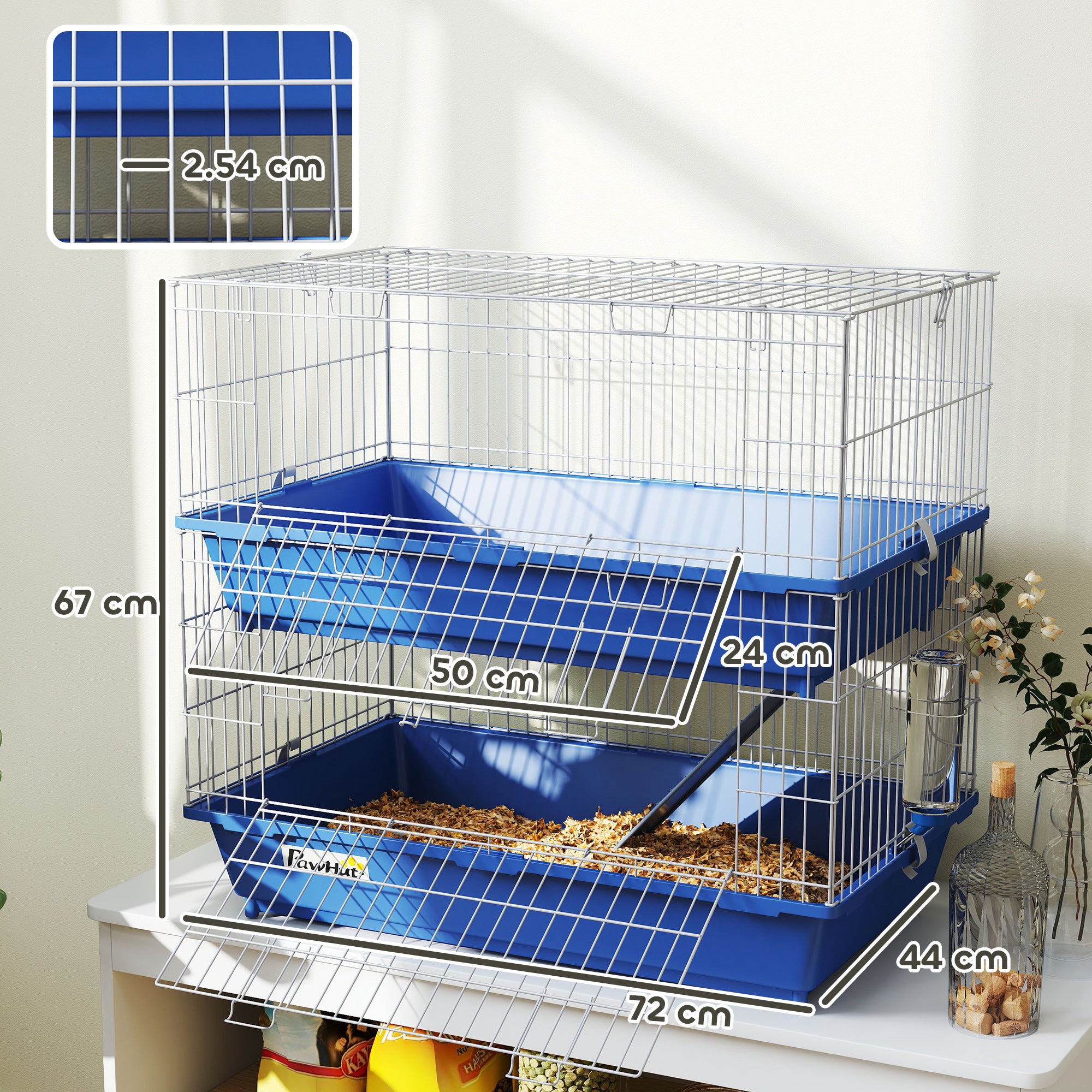 PawHut Double Tier Small Animal Cage Rabbit Chinchillas Cage w/ Ramp Food Dish Water Bottle Deep Trays Pet Home 72 x 44 x 67 cm 