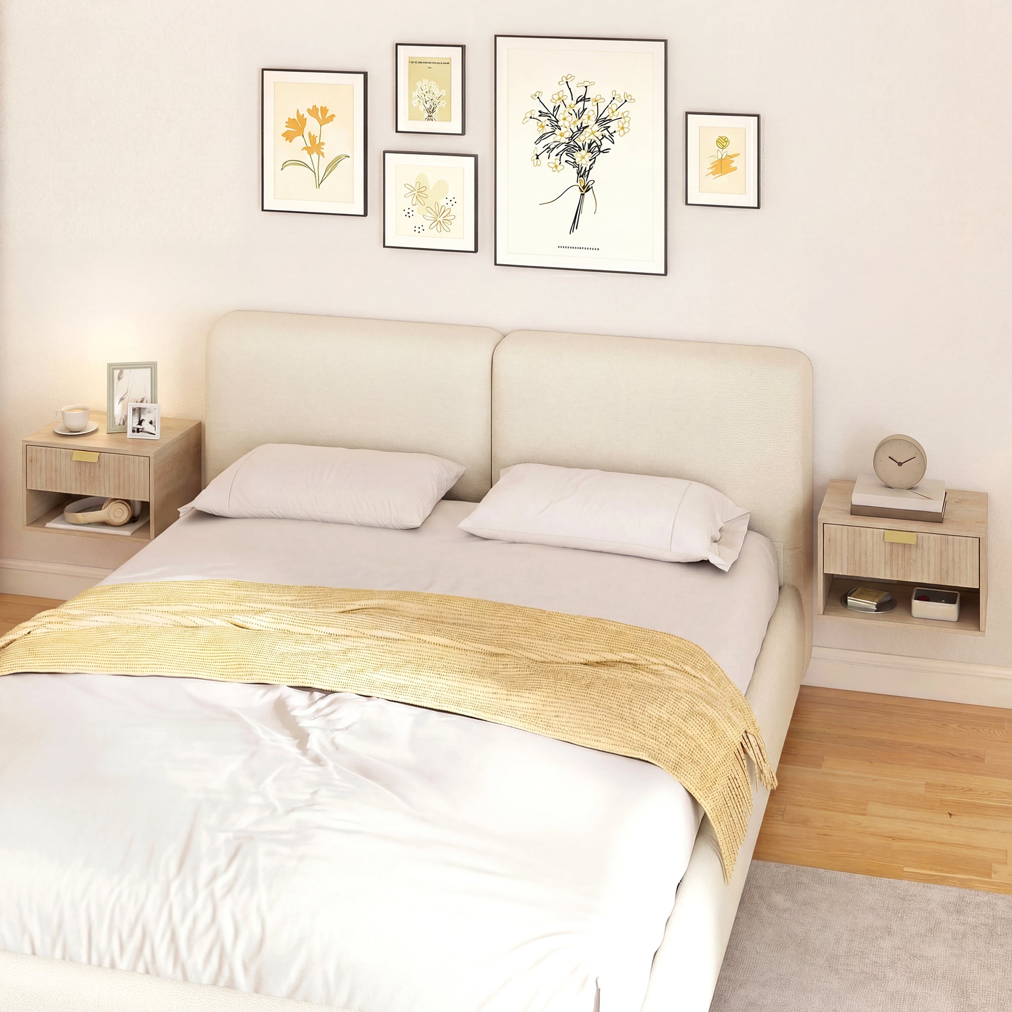 HOMCOM Set of 2 Wall Mounted Nightstands, Floating Bedside Tables with Fluted Drawer and Open Shelf for Small Bedroom, Oak 