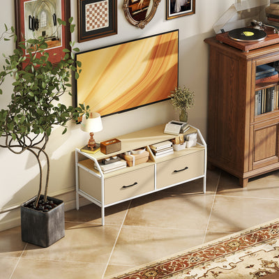 HOMCOM TV Stand Cabinet, TV Unit for 55-inch TVs with 2 Foldable Fabric Drawers, 5 Divided Side Pockets, Open Shelves, Console Table for Living Room, Bedroom, Entertainment Room, Natural Wood Finish 