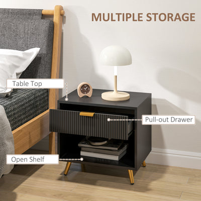 HOMCOM Elegant Bedside Table Set of 2, with Drawer and Shelf - Black/Gold Tone 