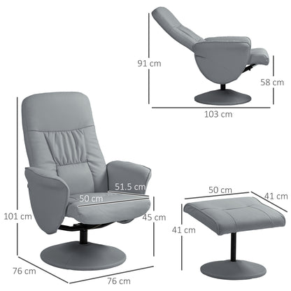 HOMCOM Swivel Recliner Chair with Footstool, PU Leather Armchair and Ottoman with High Back and Round Base for Living Room, Light Grey 