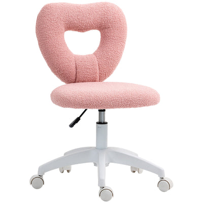 HOMCOM Armless Heart Computer Desk Chair, Teddy Fleece Swivel Office Chair, Makeup Vanity Chair with Height Adjustable, Wheels, for Home Study Bedroom, Pink 